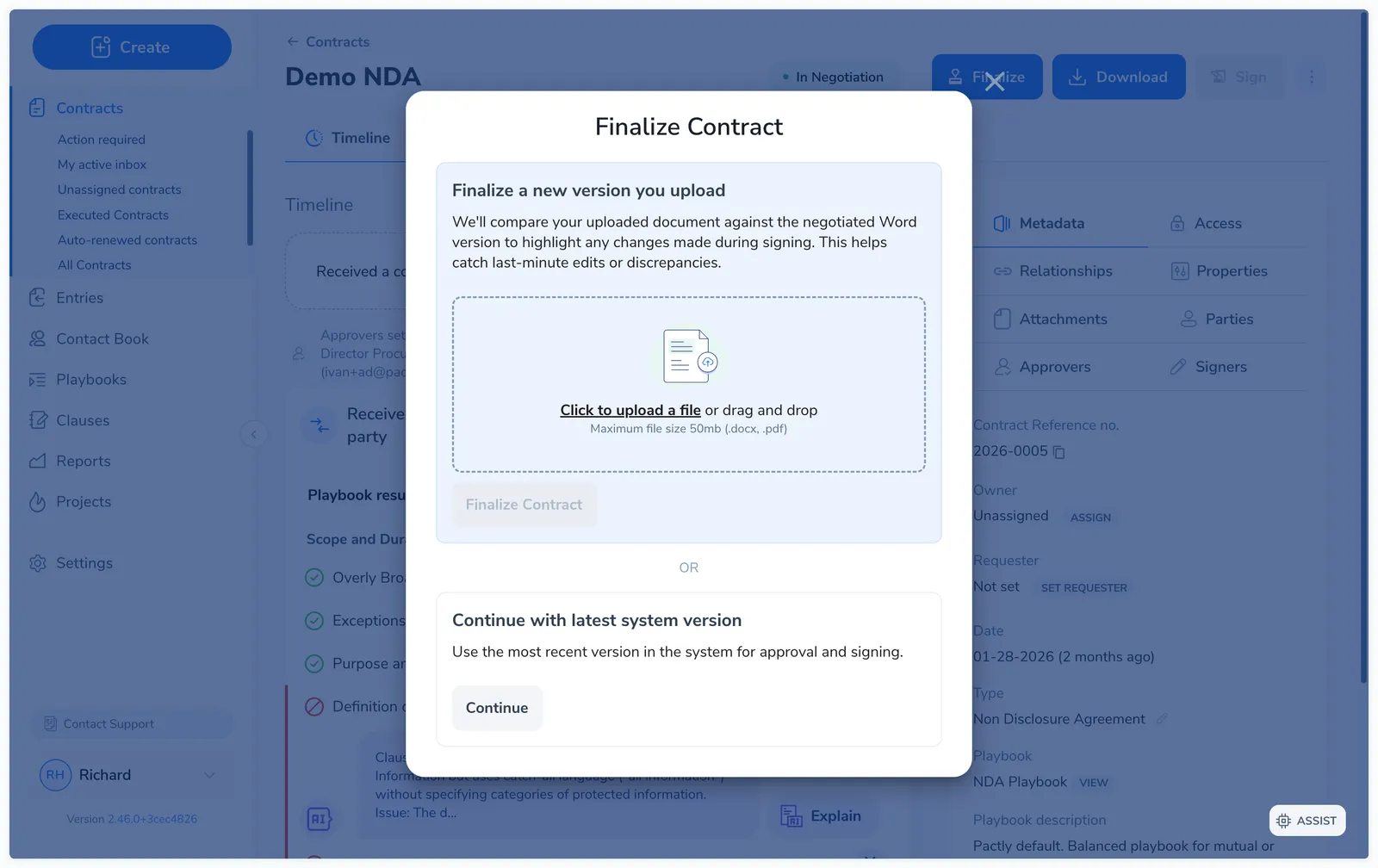 Finalize Contract dialog offering two paths: upload a new version, or continue with the latest system version