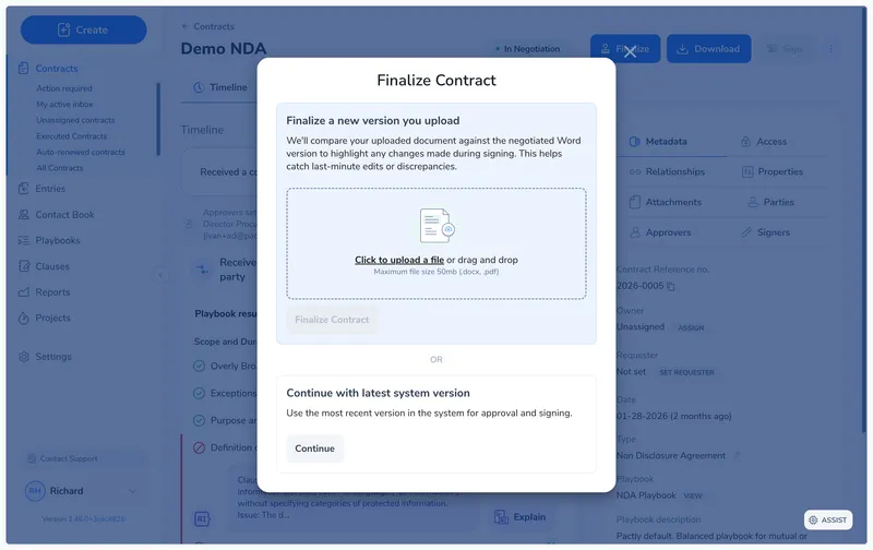 Finalize Contract dialog with two options: upload a new version with file drag-and-drop area, or continue with latest system version