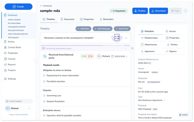 Created playbook contract showing the timeline with playbook results, including flagged positions for Obligation to return or destroy, Disputes, and Boilerplate clauses