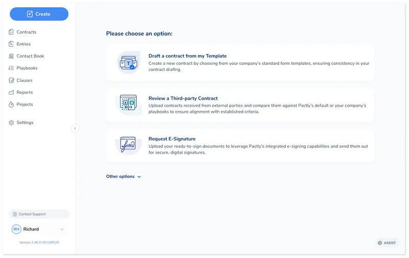 Create menu showing three main options: Draft a contract from my Template, Review a Third-party Contract, and Request E-Signature, plus Other options for Import Historical Contract and Request Approval