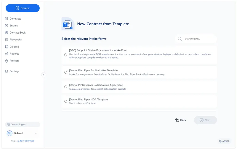 Select the intake form for your template