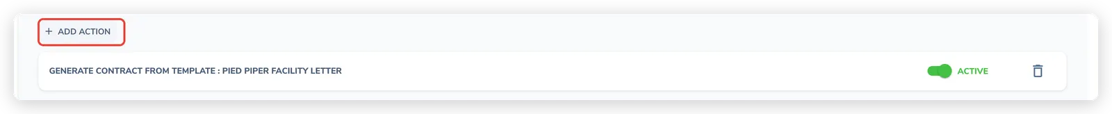 The Actions tab with the Add Action button highlighted at the top, above a list of existing actions