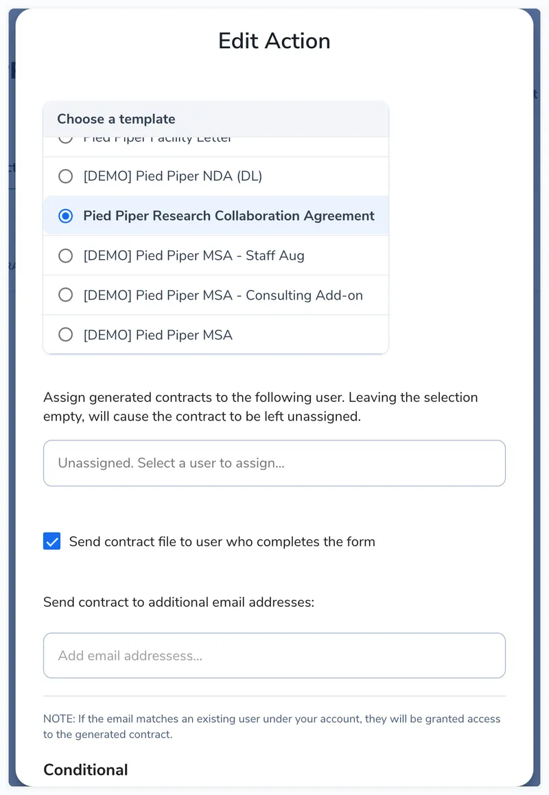Edit Action dialog showing template selection with radio buttons, user assignment field, send to user checkbox, and email addresses field