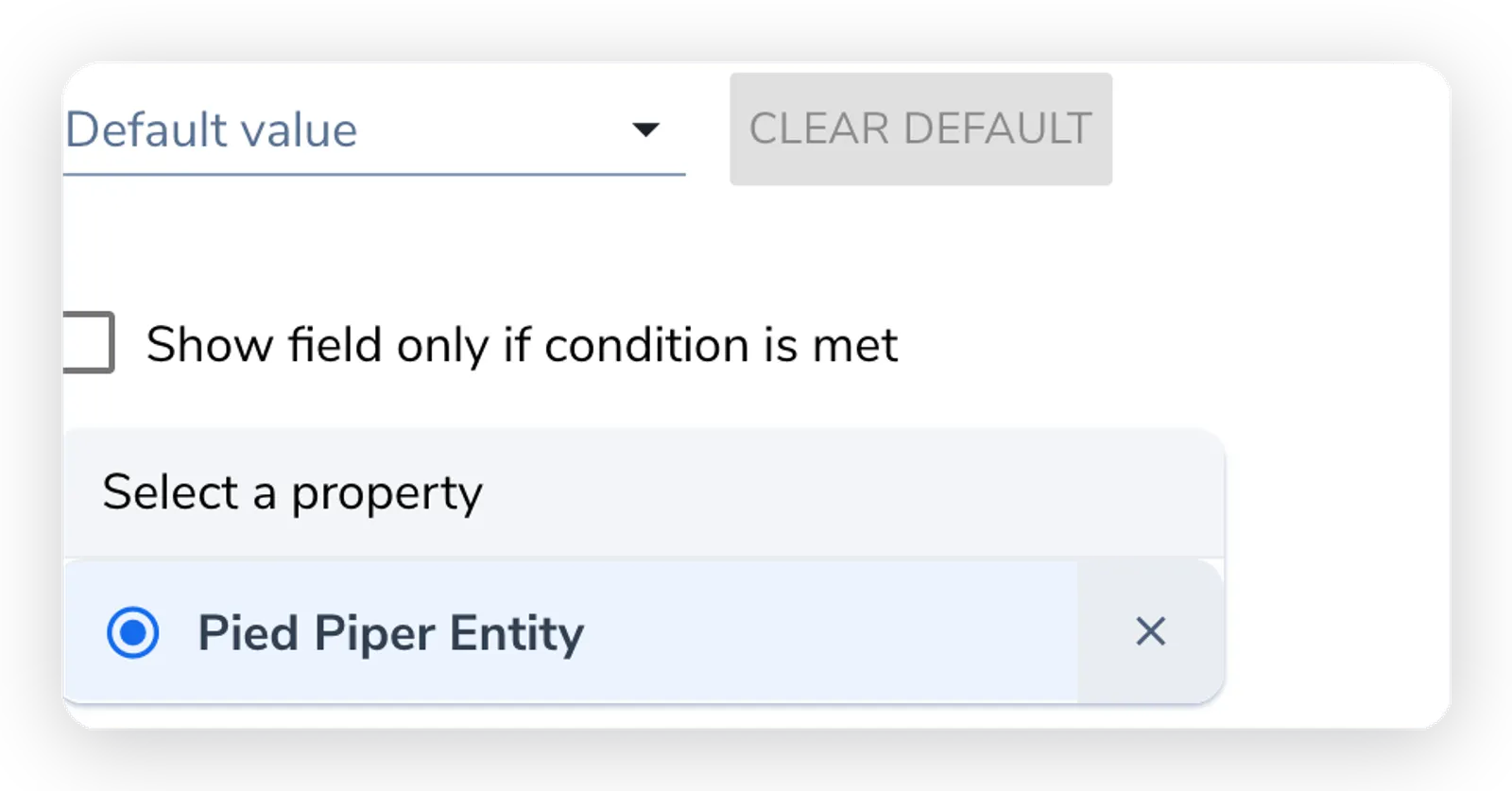 A form field editor showing the Select a property control with a contract property selected, linking the field's answer to that property