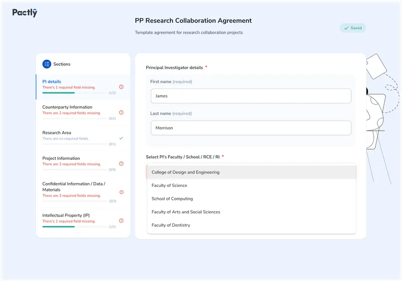 Form showing the PI details section with First name and Last name filled in. A dropdown for Select PI's Faculty is open, showing options like College of Design and Engineering, Faculty of Science, School of Computing, and others. The sidebar shows all six sections with completion status.