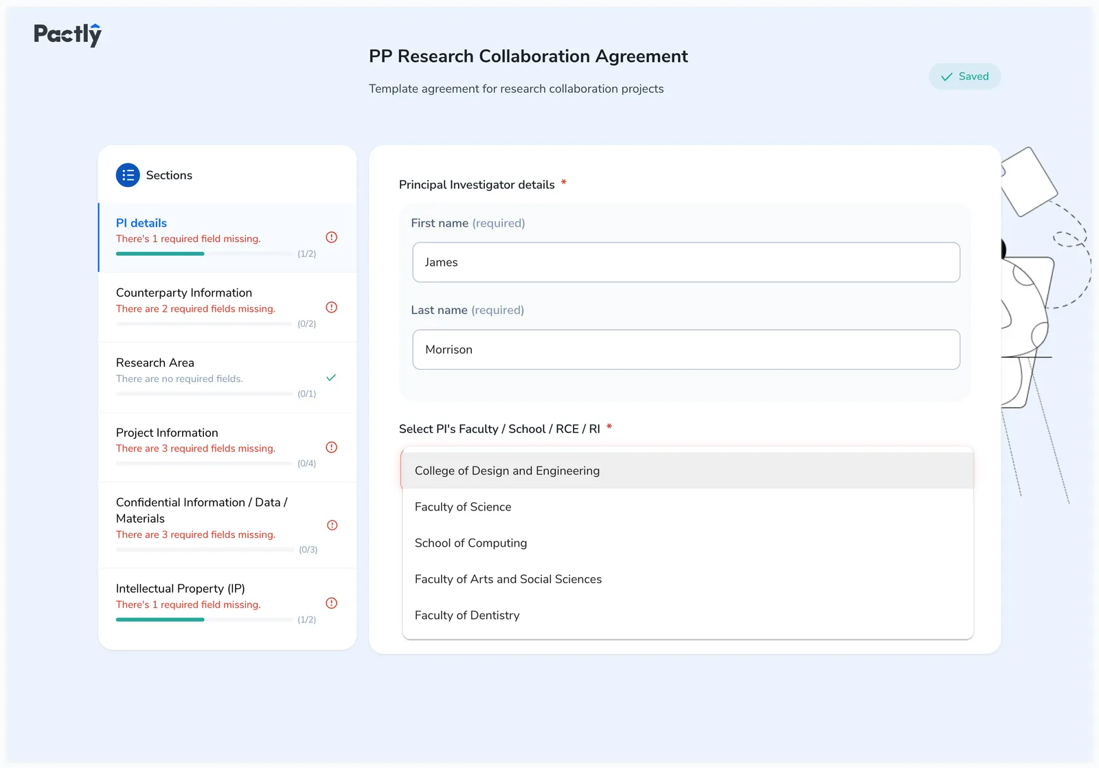 Form showing the PI details section with First name and Last name filled in. A dropdown for Select PI's Faculty is open, showing options like College of Design and Engineering, Faculty of Science, School of Computing, and others. The sidebar shows all six sections with completion status.