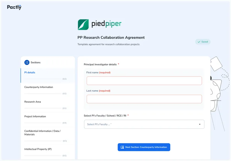 Form layout showing a section sidebar on the left with PI details, Counterparty Information, Research Area, Project Information, and other sections. The fields area on the right shows text inputs and a dropdown. A Saved indicator appears in the top right.