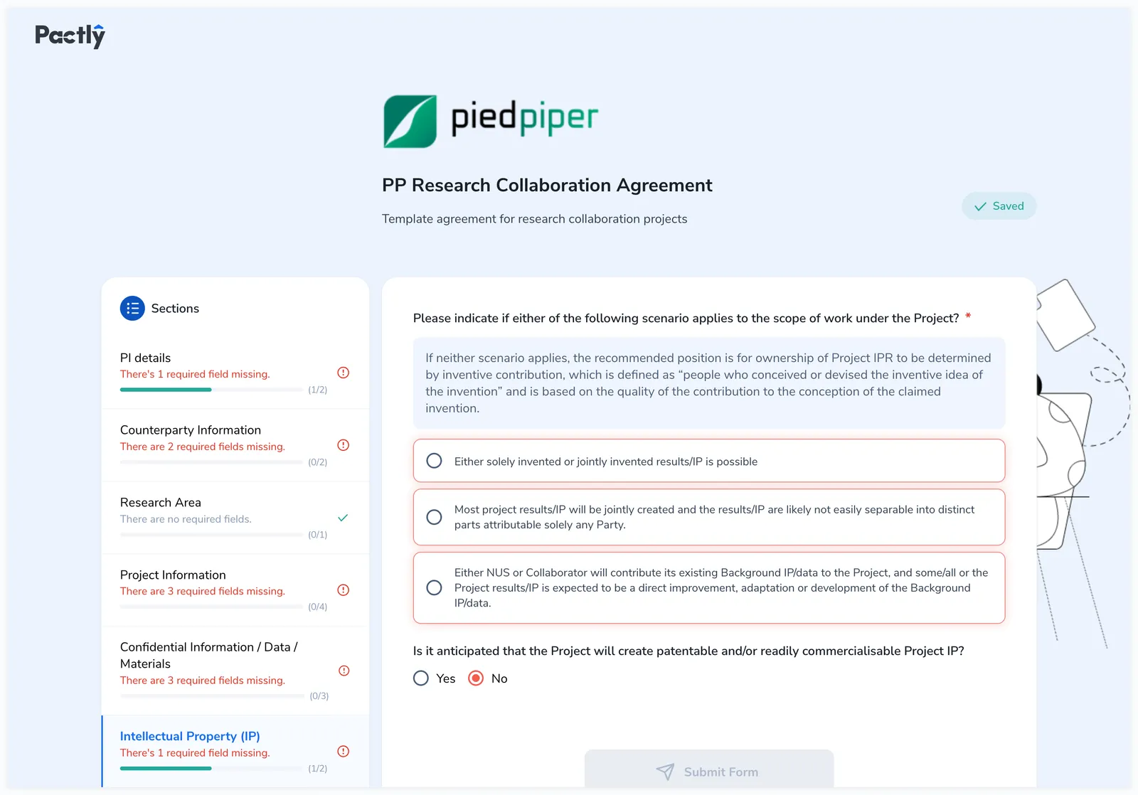 The last section (Intellectual Property) showing radio button fields and a Submit Form button at the bottom. The sidebar shows section completion status with error icons on sections that have required fields missing.