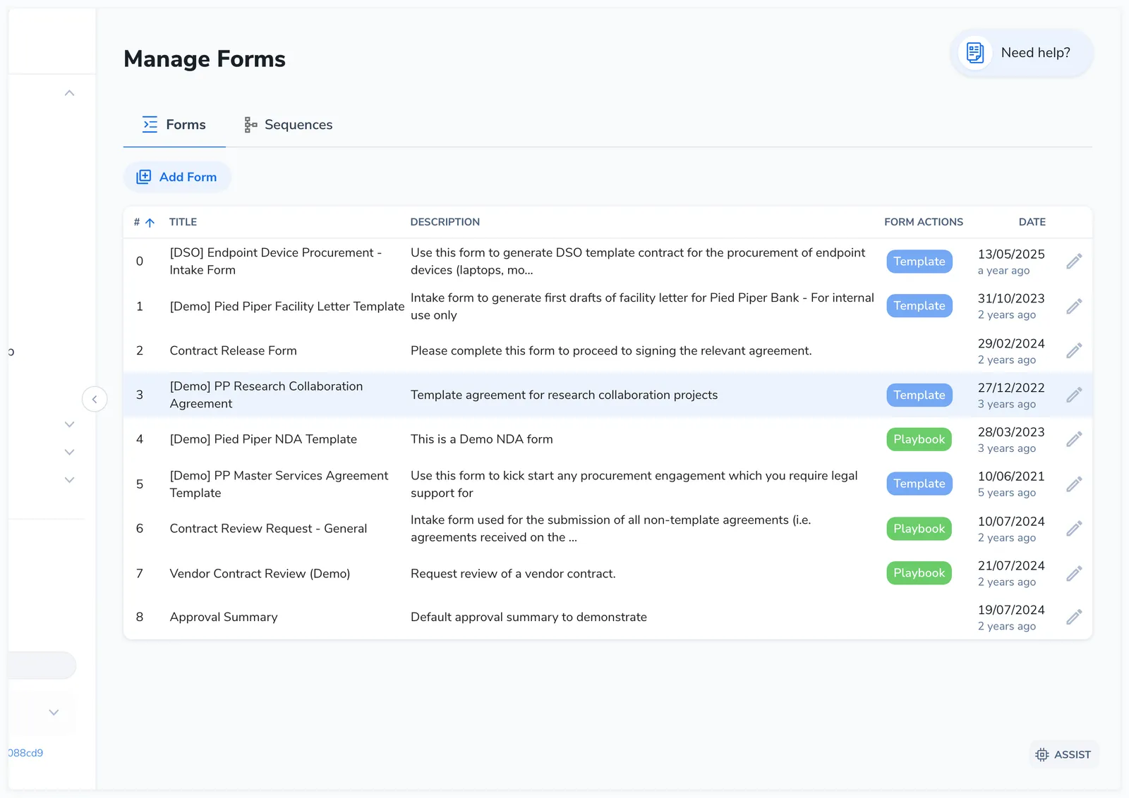 Manage Forms page showing a table of forms with position, title, description, action type pills, and dates