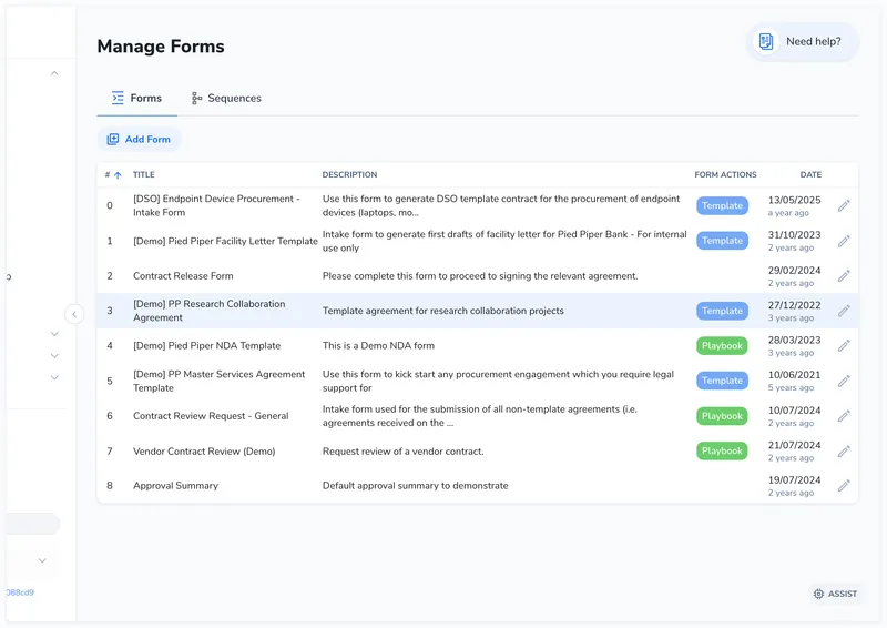 Manage Forms page showing a table of forms with position, title, description, action type pills, and dates