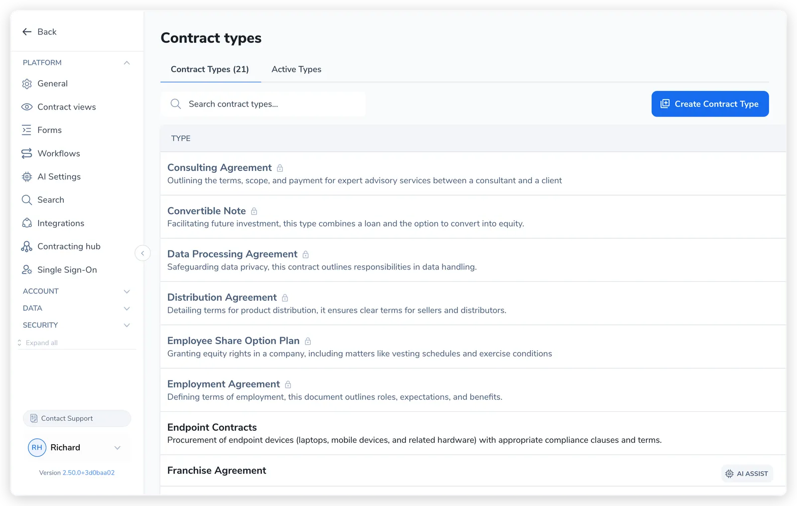 Settings → Contract types on the Contract Types tab, listing categories such as Consulting Agreement, Convertible Note, Data Processing Agreement, and Employment Agreement, with lock icons on the system defaults and a Create Contract Type button