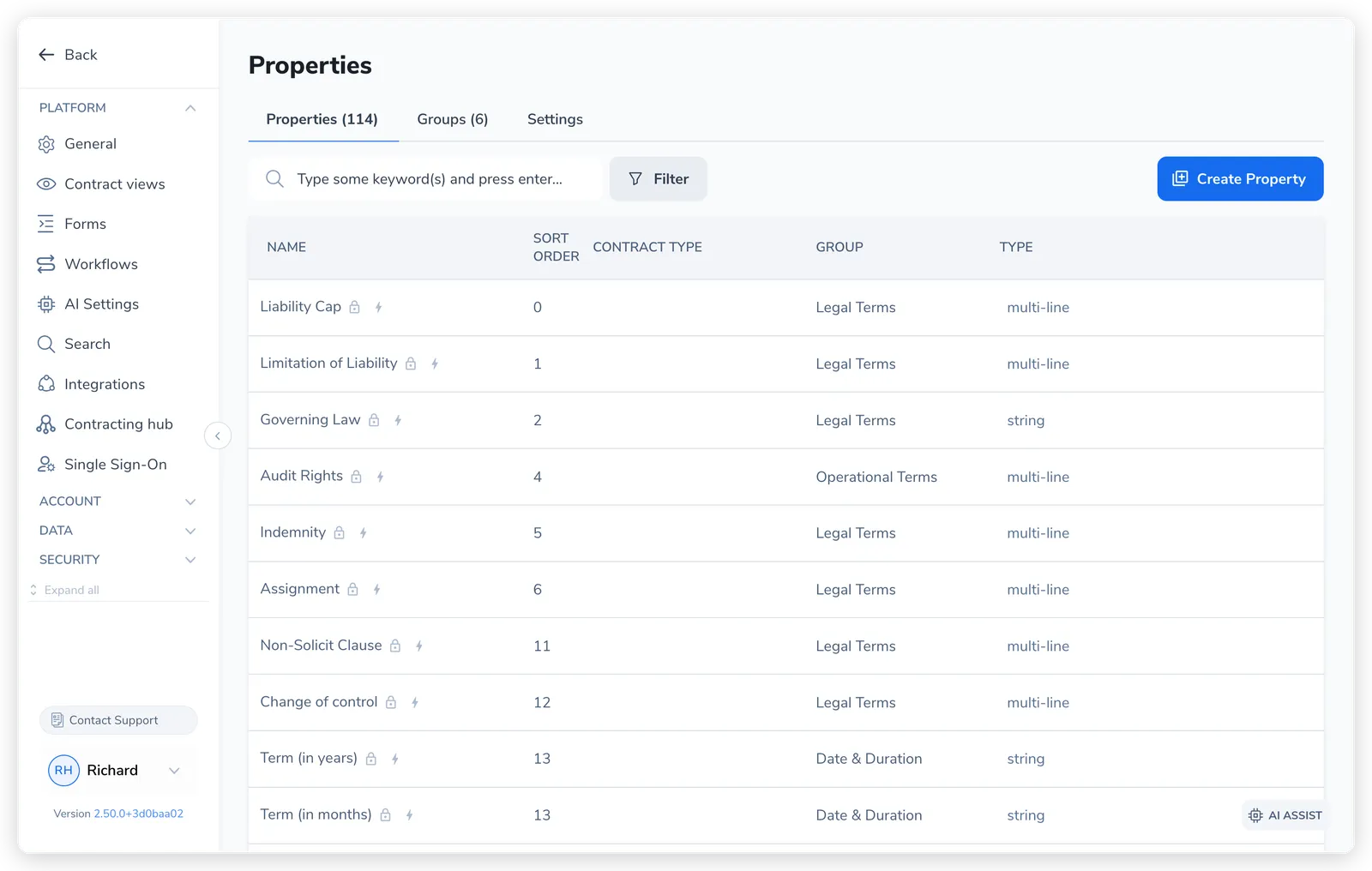 Settings → Manage Properties on the Properties tab, showing the Properties, Groups, and Settings tabs, a grouped list of properties with their sort order, contract type, group, and type, and the Create Property button