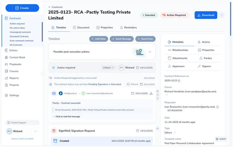 Contract record showing the More Actions menu with end-of-life options in the sidebar
