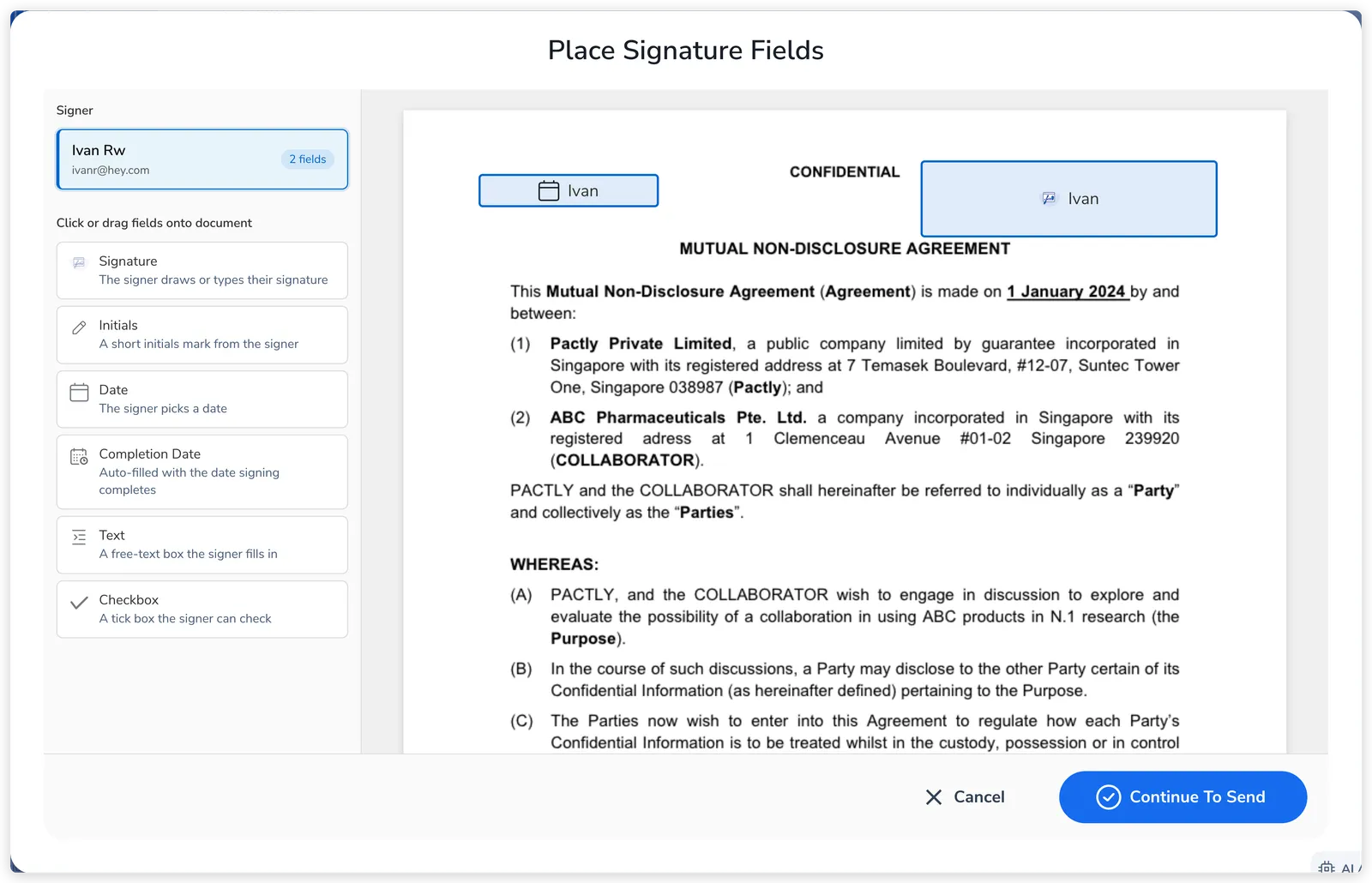 Signature field placement editor with a field palette (signature, initials, date, text, checkbox) on the left and signature fields placed on the document for each signer
