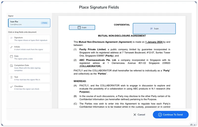Signature field placement editor with a field palette (signature, initials, date, text, checkbox) on the left and signature fields placed on the document for each signer