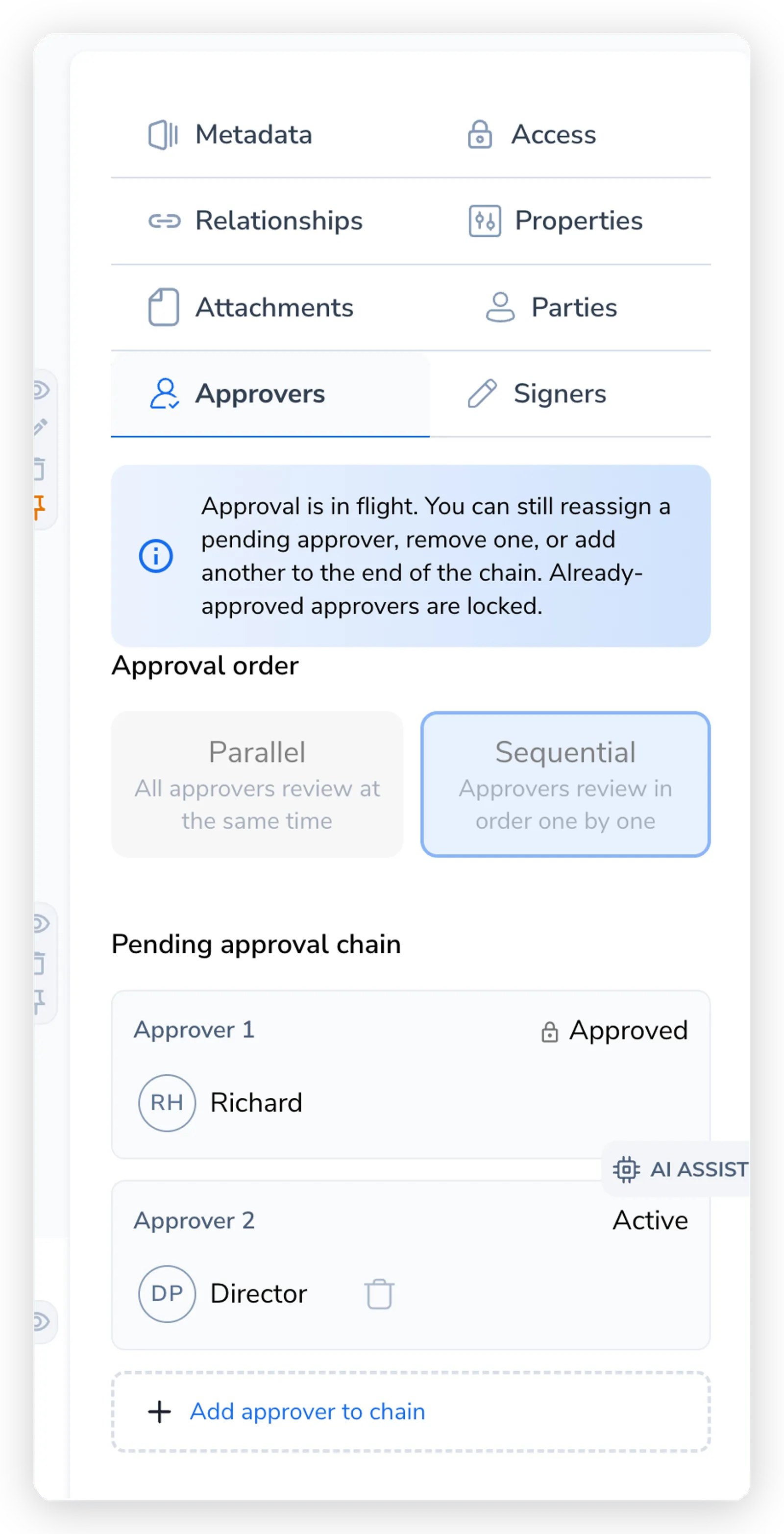 The Pending approval chain panel on a contract, showing a sequential chain with Approver 1 marked Approved and locked, Approver 2 marked Active, an Add approver to chain control, and a banner explaining that pending approvers can be reassigned, removed, or added while already-approved ones are locked