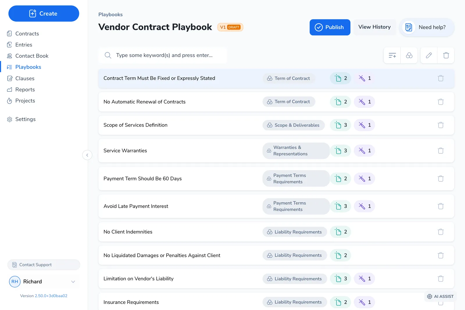 The Vendor Contract Playbook open in the editor, listing its positions. Each row shows a position name and the group it belongs to, such as Term of Contract or Liability Requirements.