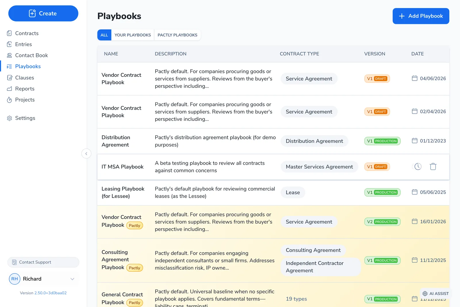 The Playbooks library: a table of playbooks with Name, Description, Contract Type, Version, and Date columns. Tabs across the top filter between All, Your Playbooks, and Pactly Playbooks, and an Add Playbook button sits in the top right.