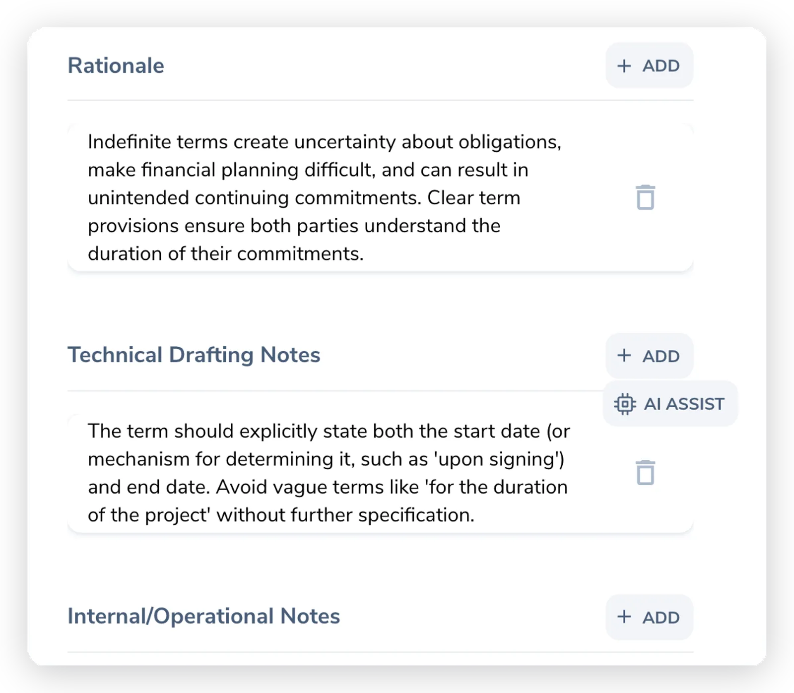 The Content tab showing the three note sections: Rationale, Technical Drafting Notes, and Internal/Operational Notes, each with its own Add button