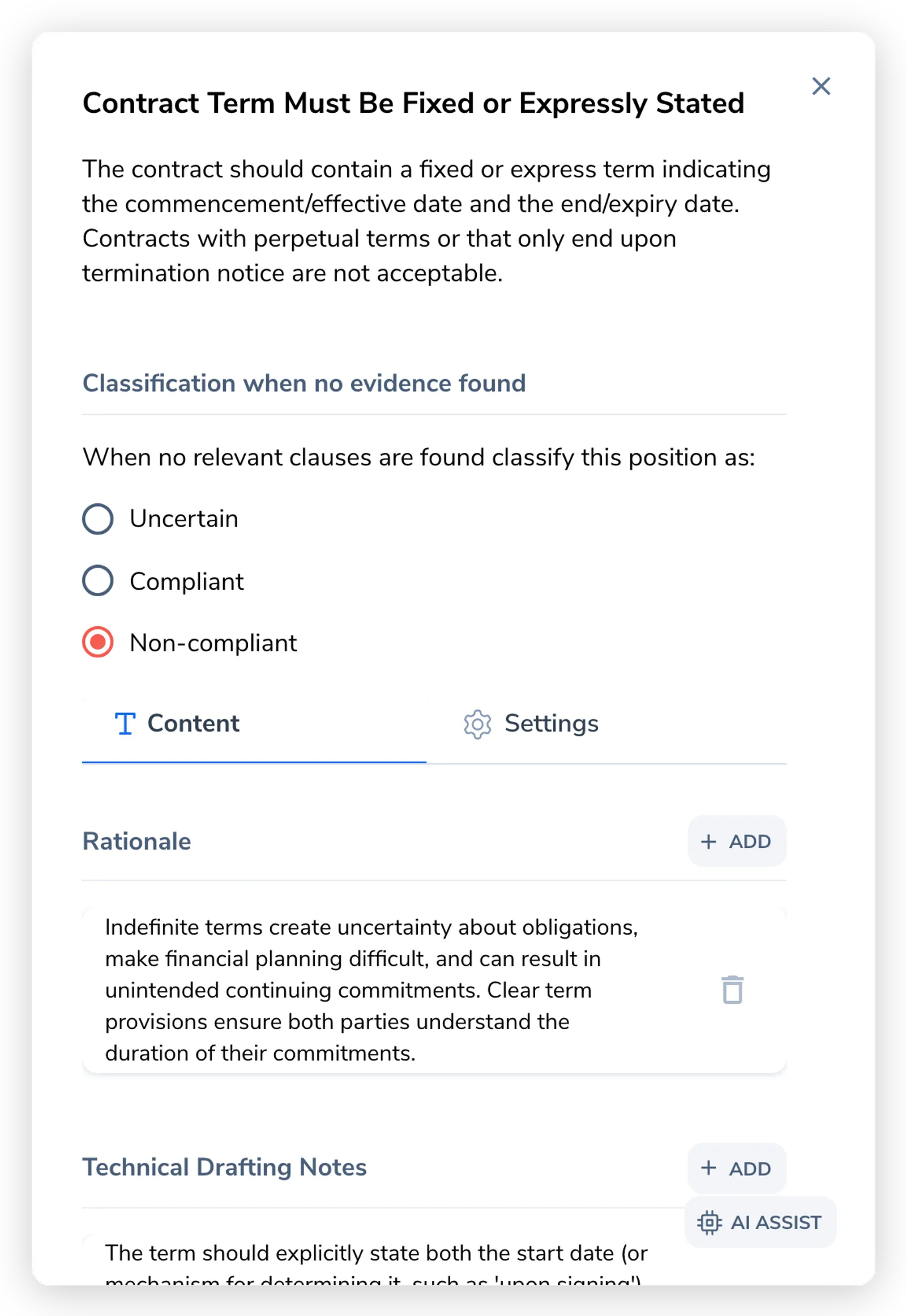 The position panel open on the right of the playbook editor, showing the position name, description, the no-evidence classification radio group, and the Content and Settings tabs