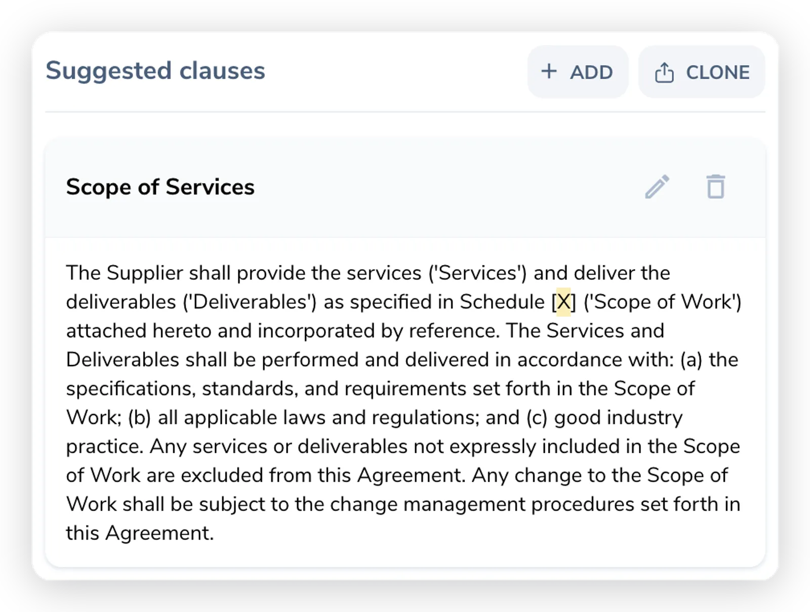 The Suggested clauses section with an Add and Clone control and a clause card showing a titled, ready-to-insert clause