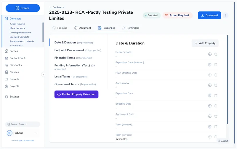 Properties tab showing property groups on the left and individual property fields on the right, with a Re-Run Property Extraction button