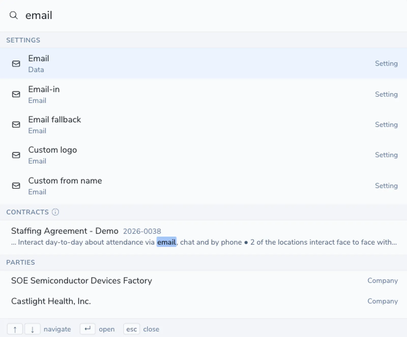 The quick search palette open with Settings results above Contracts and Parties, and keyboard hints along the bottom