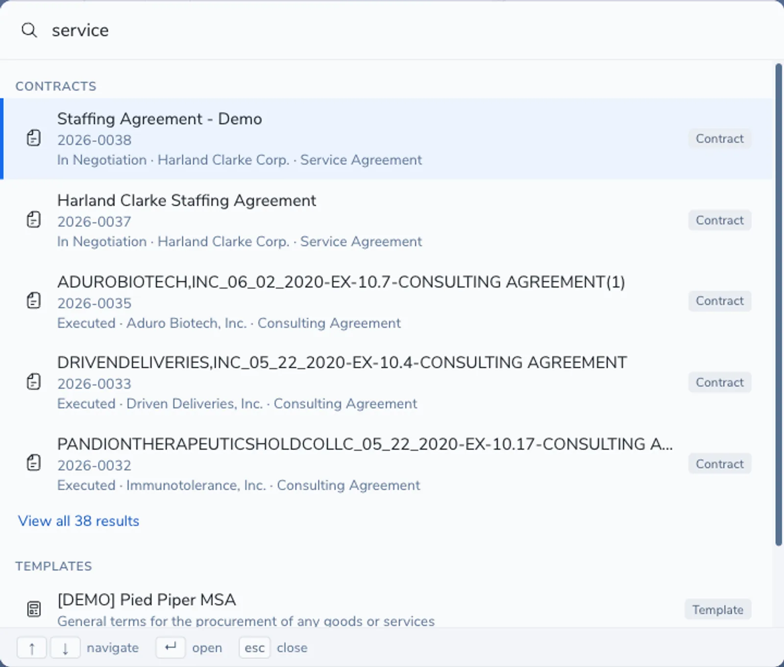 The quick search palette open with results grouped by type