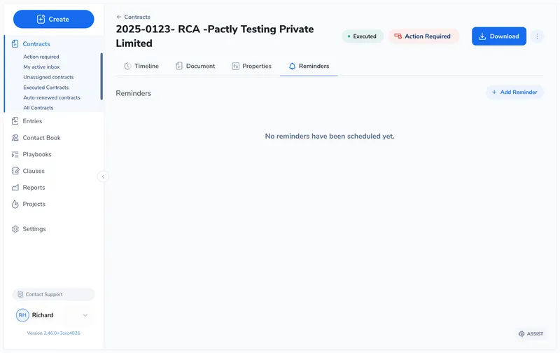 Contract record with the Reminders tab active, showing the Reminders heading and Add Reminder button in the top-right