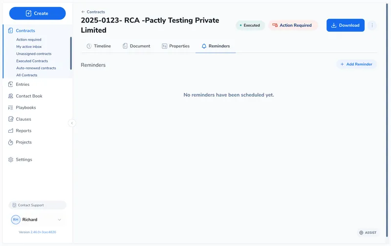 Reminders tab with Add Reminder button