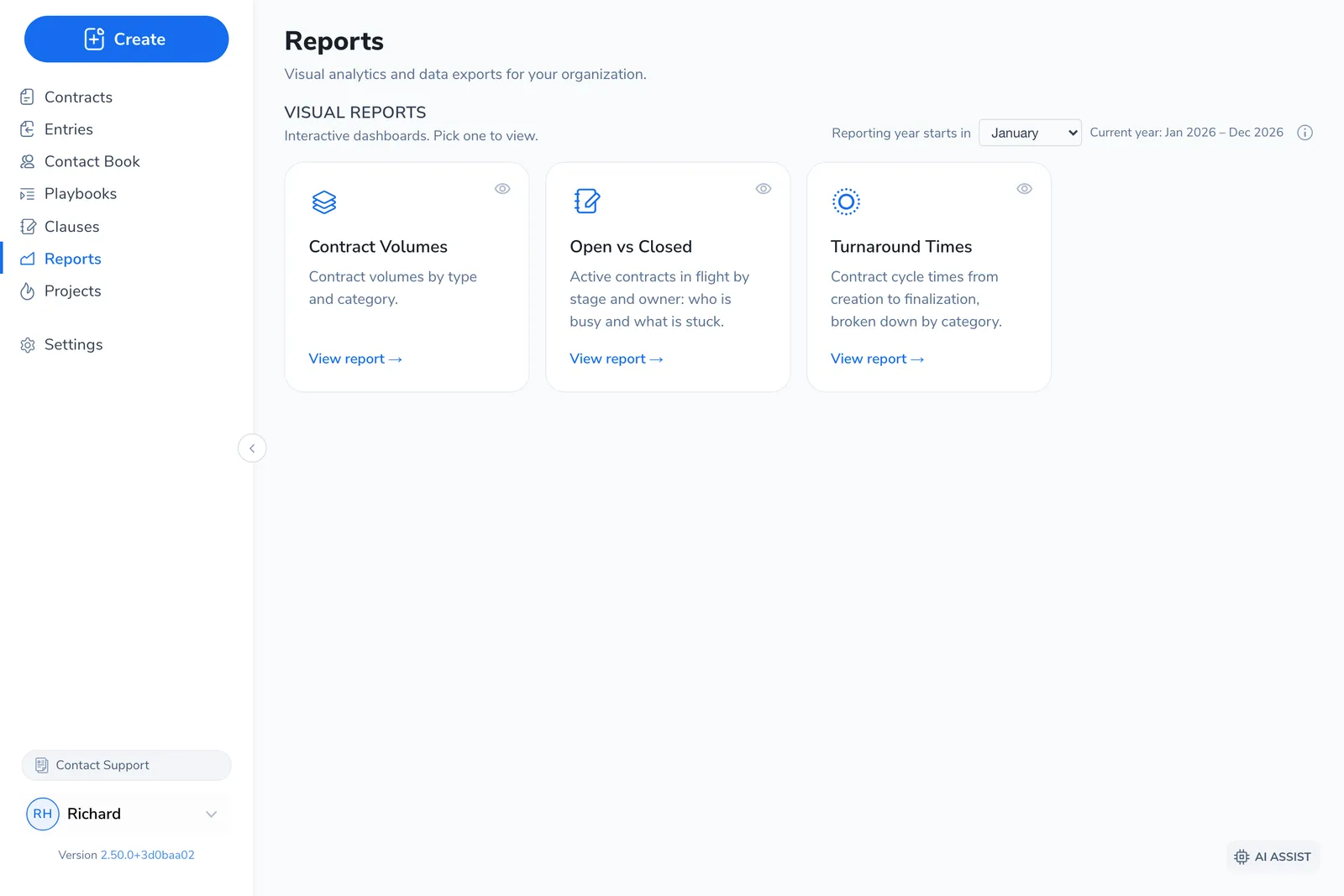 The Reports landing page: a 'Visual reports' row with three cards (Contract Volumes, Open vs Closed, and Turnaround Times), each with a 'View report' link, plus a reporting-year selector.