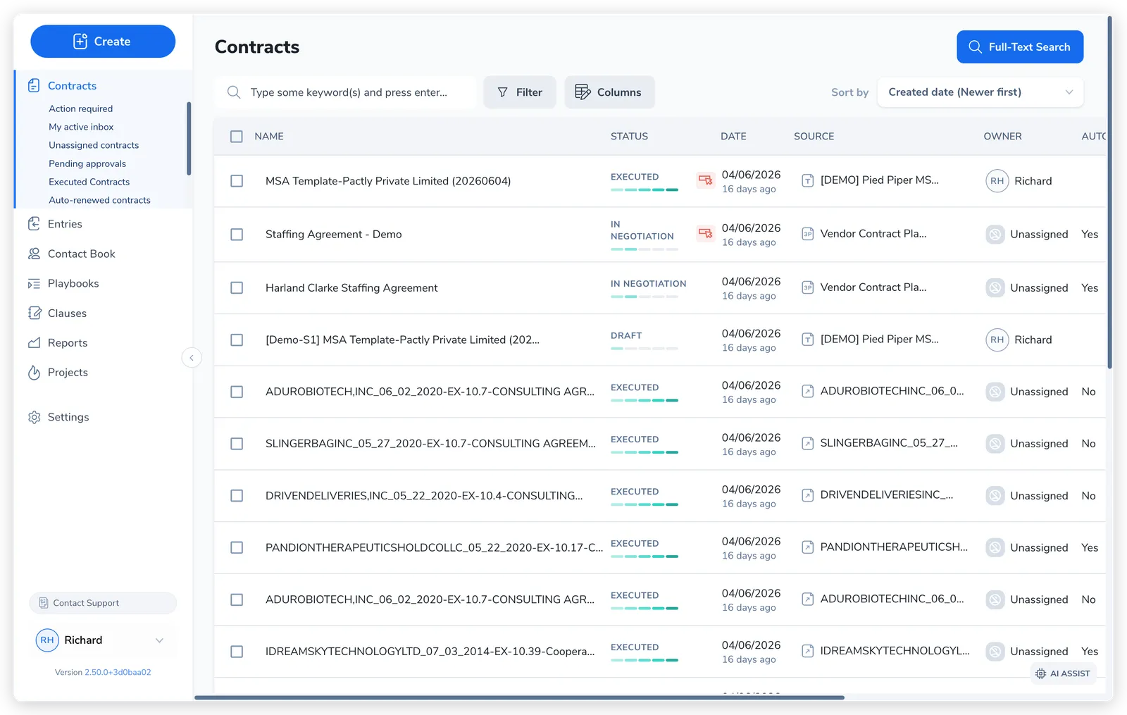 The Pactly contracts repository: a list of every contract with columns for name, status, date, source, and owner.