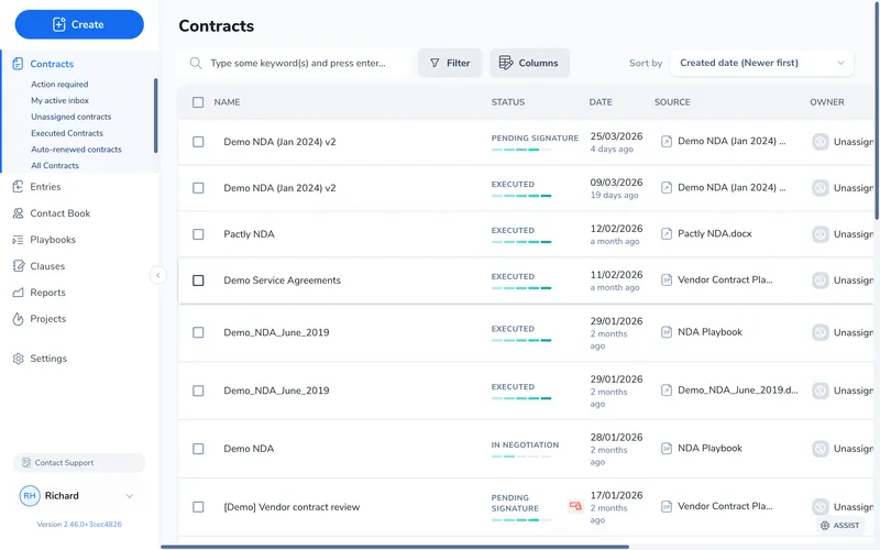 Contract repository showing contracts in different statuses: Pending Signature, Executed, and In Negotiation, with status badges displayed next to each contract name