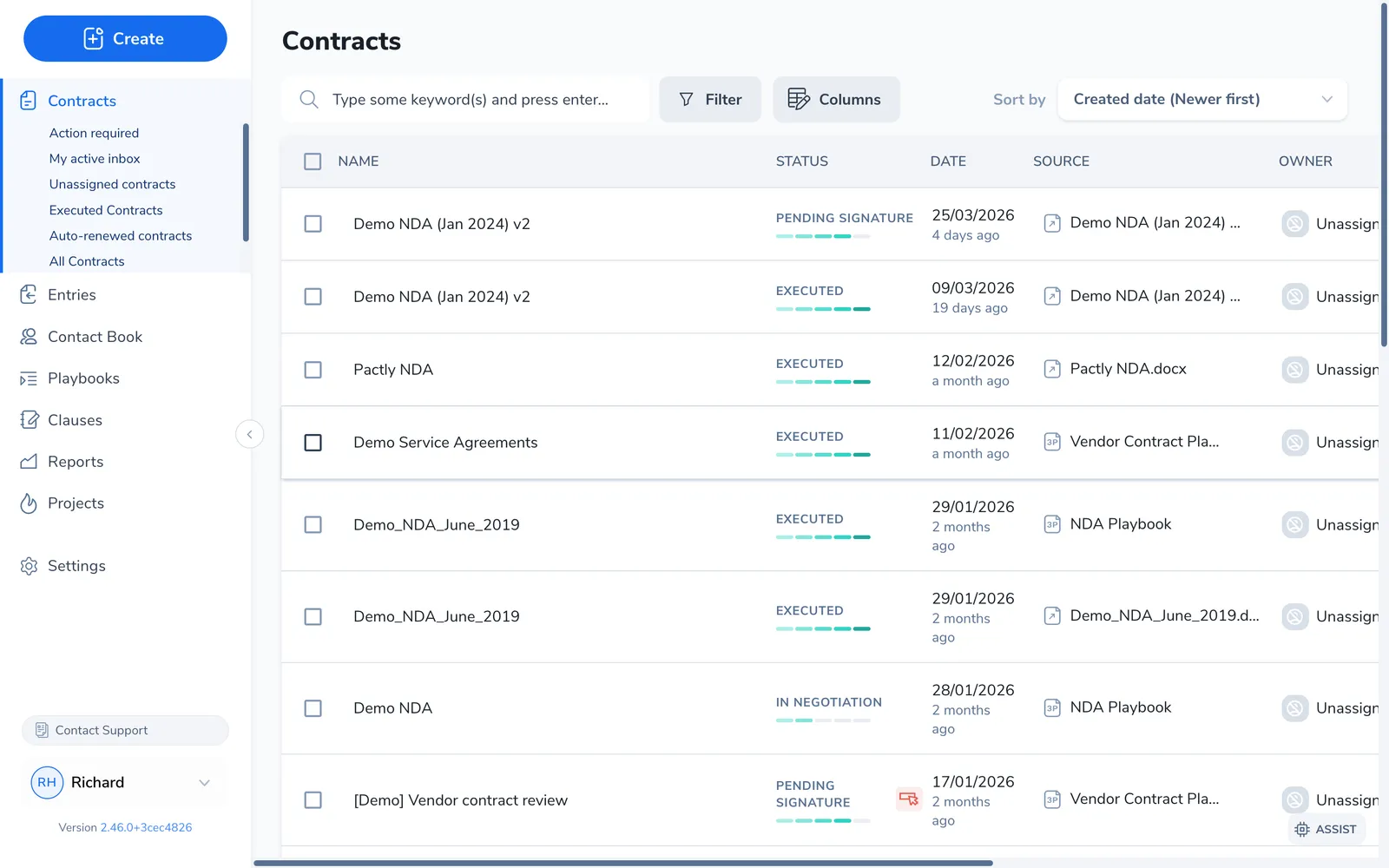 Contract repository with status badges (Pending Signature, Executed, In Negotiation) next to each contract name