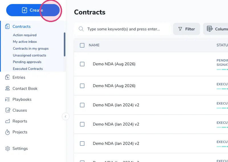 Click Create on the contract listing