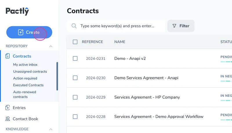 Click Create on the contract listing