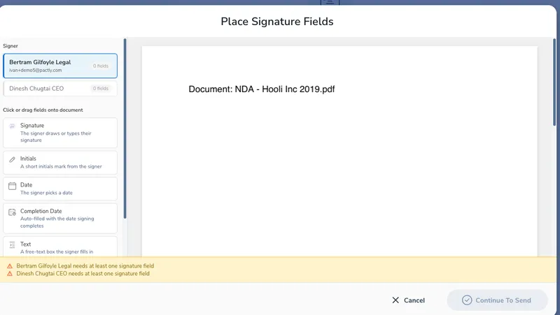 Place signature fields in the editor