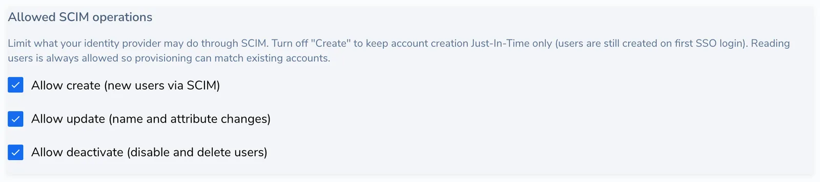 Allowed SCIM operations section with three checkboxes: Allow create, Allow update, and Allow deactivate, all checked