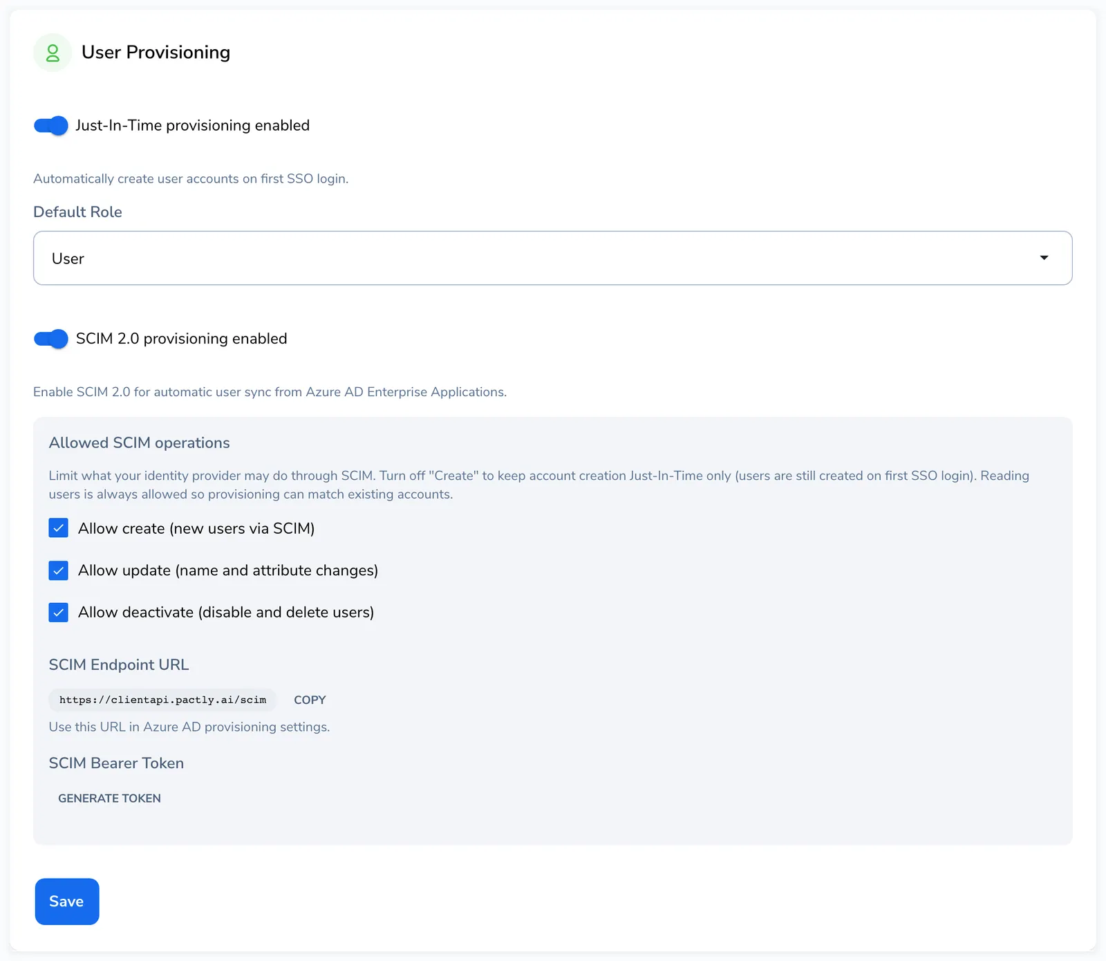 User Provisioning card with Just-In-Time provisioning enabled, a Default Role dropdown, SCIM 2.0 provisioning enabled, allowed SCIM operations checkboxes, the SCIM Endpoint URL, and the Generate Token button