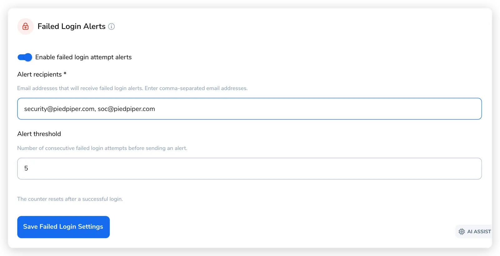 Failed Login Alerts box with the toggle enabled, Alert recipients filled with two comma-separated emails, and Alert threshold set to 5