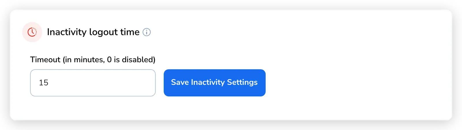 Inactivity logout time box with a Timeout field set to 15 minutes and a Save Inactivity Settings button