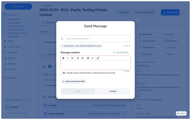 Send Message dialog with To field, CC option, rich text editor, attachment options, and email template selector