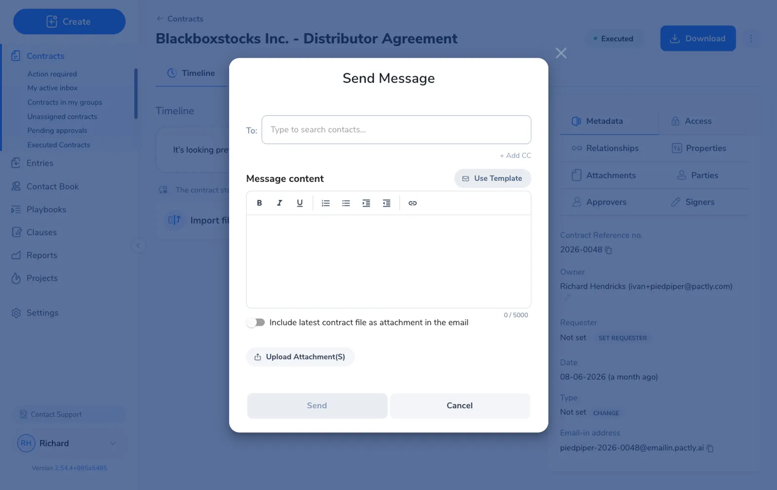 Send message dialog with To field, CC option, rich text editor, attachment options, and email template selector