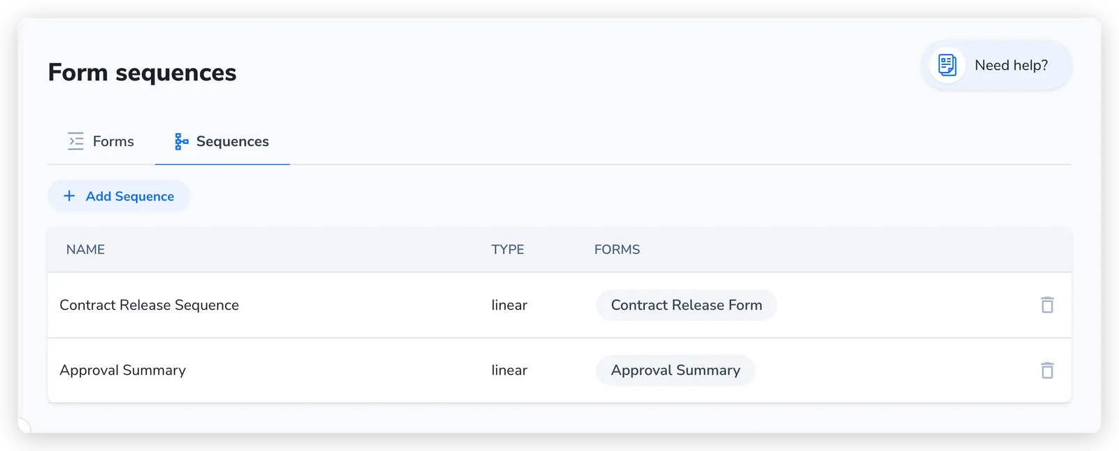 Form sequences page showing a table with sequence name, type (linear), and linked forms columns, plus an Add Sequence button
