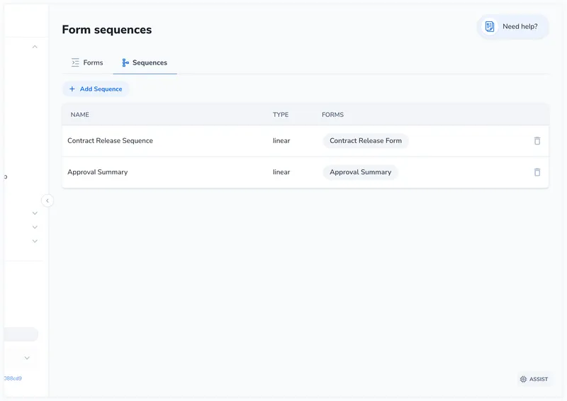 Form sequences page showing a table with sequence name, type (linear), and linked forms columns, plus an Add Sequence button