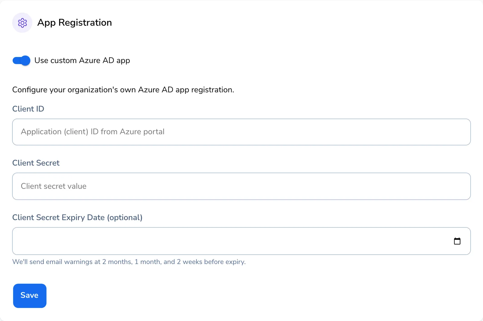 App Registration card in custom mode with Client ID, Client Secret, and Client Secret Expiry Date fields
