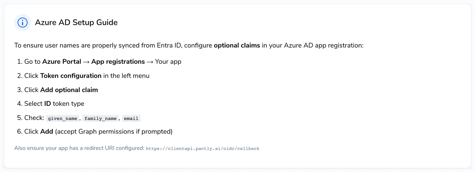 Azure AD Setup Guide card listing the six steps to add the given_name, family_name, and email optional claims, and the redirect URI to configure