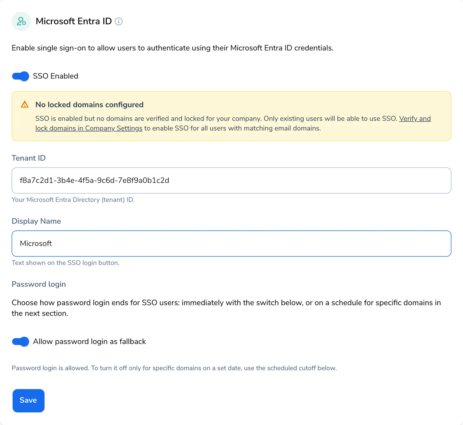 Microsoft Entra ID settings card with SSO Enabled switched on, a warning that no locked domains are configured, the Tenant ID field filled in, the Display Name field set to Microsoft, and the Allow password login as fallback toggle