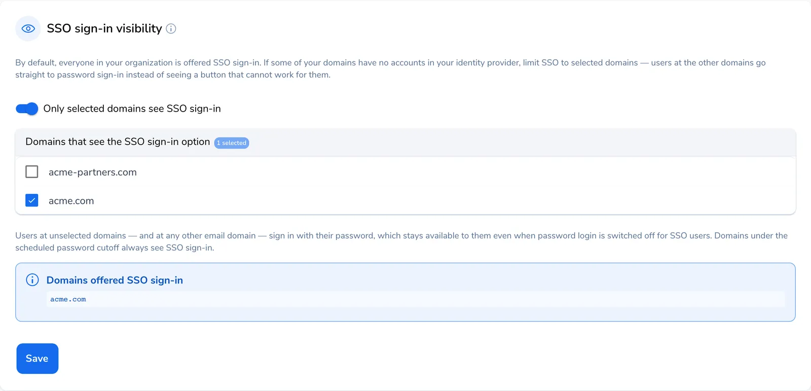 SSO sign-in visibility card with the Only selected domains see SSO sign-in switch on, a domain list with one of two verified domains selected, and a summary of domains offered SSO sign-in