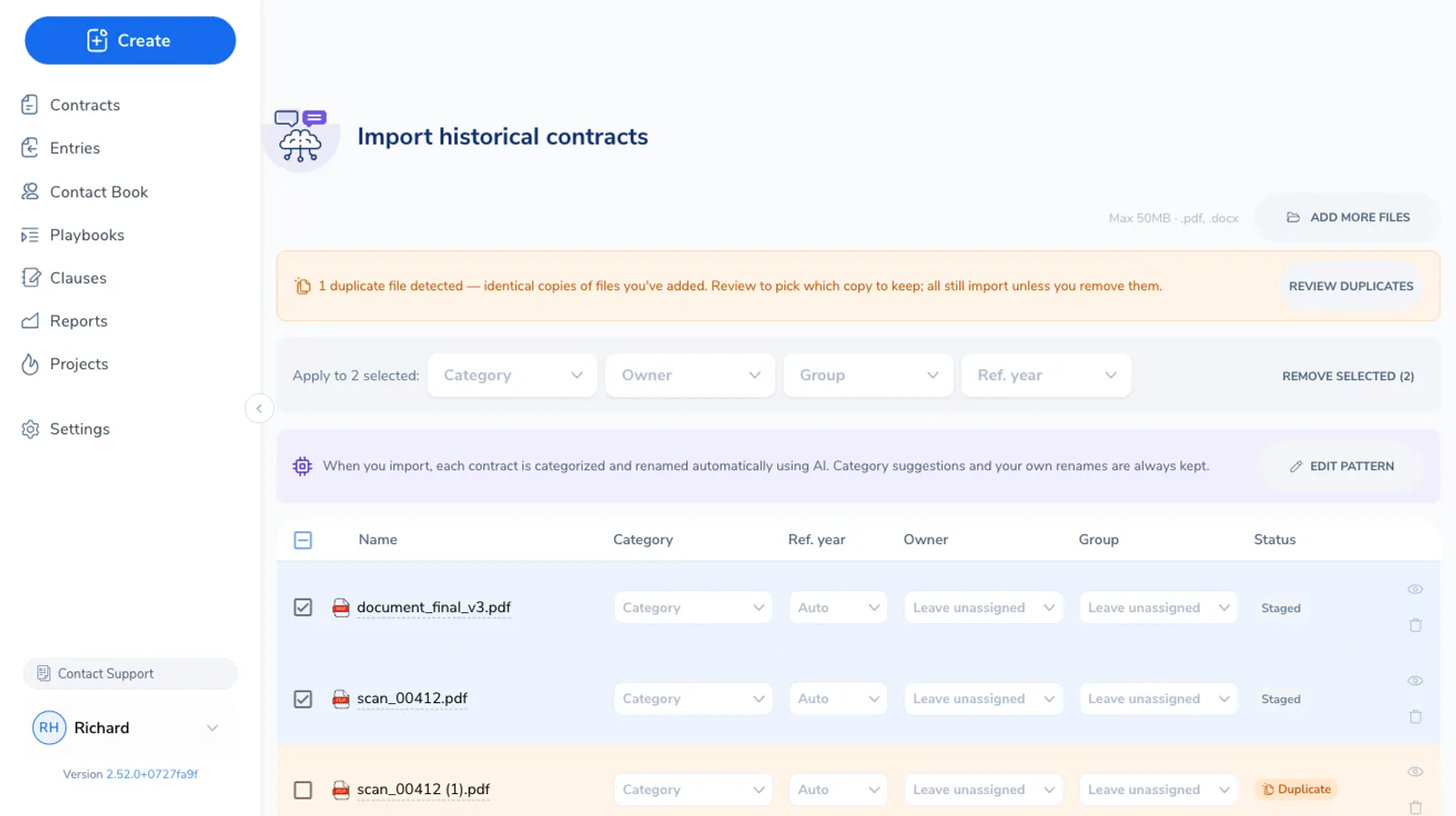 The Import Historical Contract staging table listing several uploaded files, each row showing an editable Category, Reference year, Owner, and Group, with two rows selected for bulk apply, a Duplicate pill on one row, and a preview eye icon at the end of each row